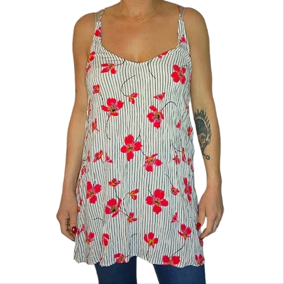Billabong Floral Dress Size Small Grey Striped Tank Top Scoop Neck - Picture 1 of 5